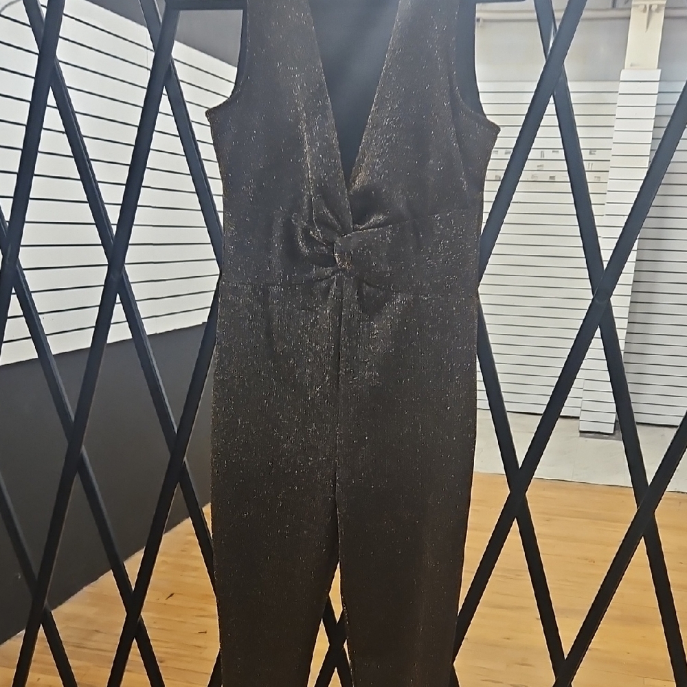 Women’s Sleeveless Metallic Knot-Front Jumpsuit — Black